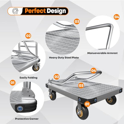 Lomive Heavy Duty Platform Truck Flat Moving Cart Hand Trucks, 1500Lbs Steel Push Cart Dolly, 30 x 19in Large Flatbed with 4'' 360 Degree Swivel Wheels for Easy Storage - size: 30" L X 19" W