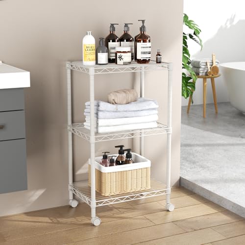 SINGAYE 3 Shelves Storage Shelf Wire Shelving Unit Metal Adjustable Wheels - color: White, size: 3Tier/11.5"D X 17.5"W X 30.5"H