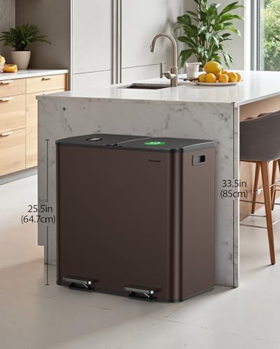 Dual Trash and Recycling Bins for Kitchen, 2×13 Gallon (2× 50L) Stainless Steel Trash and Recycle Bin Combo with Soft-Close Lid, Large Garbage Cans for Kitchen Home with 2 Magnets Sticker, Brown - color: Brown