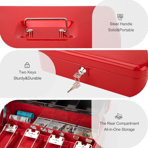 Jssmst Metal Cash Box with Money Tray and Lock, Portable Cash Drawer, 11.8" - color: Red Key