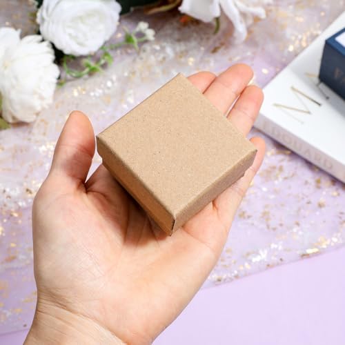 48 Pack Small Jewelry Ring Gift Boxes, 2x2x1.2 Inch Brown Krafts Paper Ring Boxes with Foam Insert, Bulk Square Cardboard Earring Packing Box for Weddings Rings, Necklaces, Business Retail