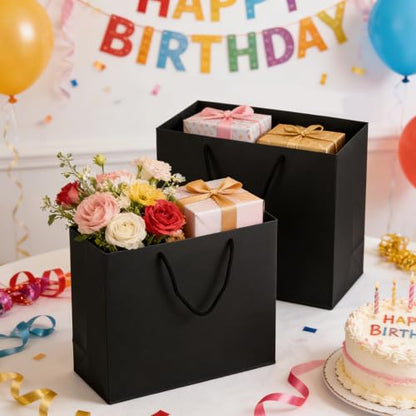 Ghligna 40 Pcs Medium Black Gift Bags with Handles, Bulk Matte Black Paper Bags with Handles, 12.5 x 4.5 x 11 Inch Kraft Paper Bag Shopping Retail Bag for Party Shopping Birthday Wedding