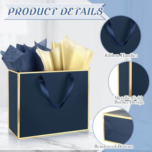 ReliThick 12 Pack Paper Gift Bag with Handles & Tissue, Navy Blue, Gold - color: Navy Blue, Gold