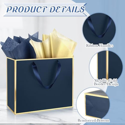 ReliThick 12 Pack Paper Gift Bag with Handles & Tissue, Navy Blue, Gold - color: Navy Blue, Gold