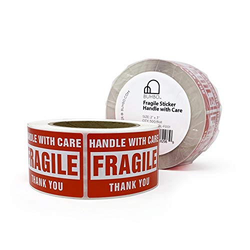 Buhbo Handle with Care Warning Labels, Fragile, Red, 2 x 3 in, 500 Count