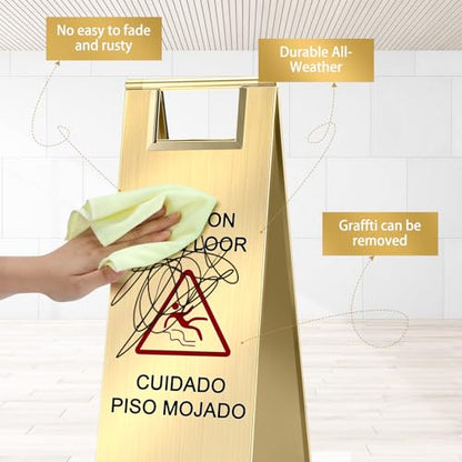 LEIFIDE 1 Pcs Wet Floor Signs, Bilingual Stainless Steel,Gold - color: Gold