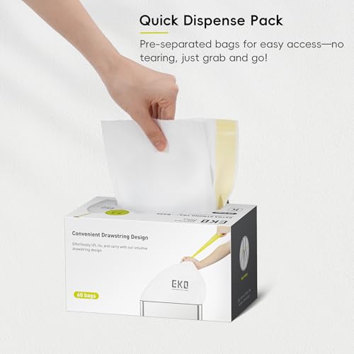 EKO 9.3 Gallon / 30–35 Liter Drawstring Trash Bags, 60 Count Heavy-Duty Tall Kitchen Garbage Can Liners, Extra-Strong Leak-Resistant, Unscented, White, Code K - size: 60 Count (Pack of 1), style: 9.3 Gallon Bags/Code K