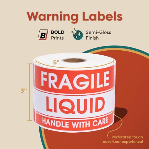 Aegis Adhesives - 3" X 5" Fragile Liquid Stickers (1 Roll, 500/Roll) - color: Red (Fragile Liquid)