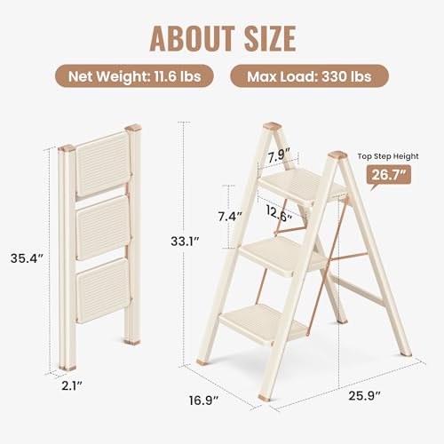 3 Step Ladder, Folding Step Stool with Anti Slip Widened Pedal - size: 3 Step