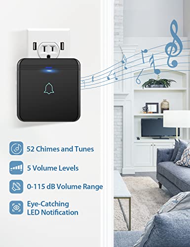AVANTEK Wireless Doorbell, 1300 ft Range, Waterproof, 2 Receivers, Black - color: Black