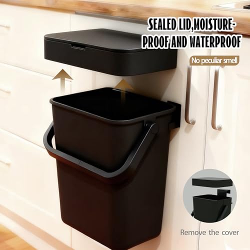 Compost Bin Kitchen, for use on Countertops or Under Sinks, Hanging Trash Can with Lid, Mountable Indoor Compost Bucket, for Cupboard/Bathroom/Bedroom/Office/Camping (Black 0.8 Gallon/3L)