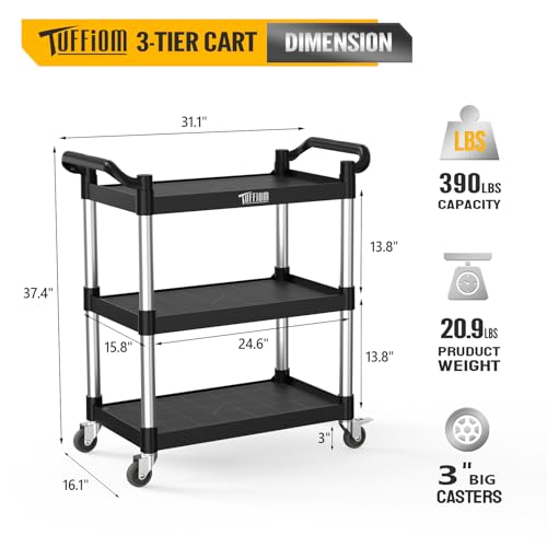 TUFFIOM 3-Tier Plastic Service Utility Cart with Wheels, Heavy Duty 390lbs Capacity, Commercial Rolling Ideal for Restaurant, Foodservice, Office, Warehouse, Black 24.6''L x 15.8''W x 37.4''H - size: Black 24.6''L x 15.8''W x 37.4''H