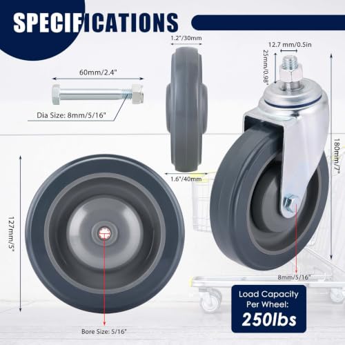 MAOPINER 4 Pack 5" Shopping Cart Wheels, PU Casters with Axle Bolts, Grey - color: Grey