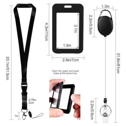 Clear Double Sided Visualization Window Vertical Plastic ID Name Card Holders,Retractable Badge Reels and Lanyard,for Key Card Conference Licenses Passes Nurses Coach Employees School and Office - color: Black-4, size: 2 Clear Holders, 2 Oval Reels, 1 Lan