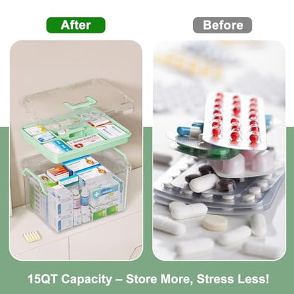 15QT Medicine Storage Box - Portable Medicine Cabinet Organizer with Handle - color: Green