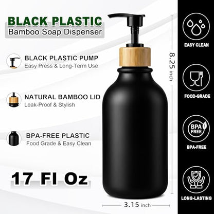 KASUNTING Black Soap Dispenser, 4 Pack Hand Soap Dispenser Bathroom with Bamboo Pump,17 Fl Oz Plastic Hand and Dish Dispenser Set for Kitchen, Refillable Liquid Soap and Lotion Dispensers Bottle - color: Black, size: 4 Bottles