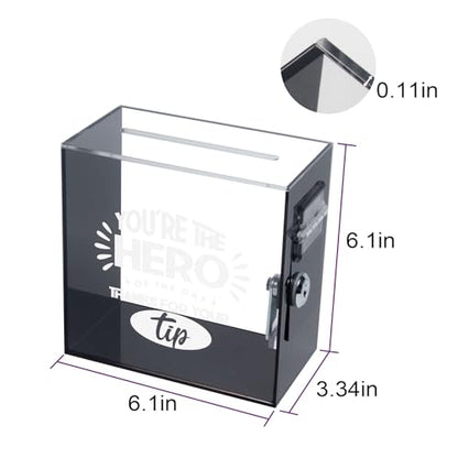 Acrylic Tip Jar with Lock and 2 Keys Donation Box with Double-Sided Adhesive for Wall Mount -Secure Tip Box for Bartenders, Restaurants & Small Business Raffle Box for Bar Musicians Driver 6x6x3 Inch