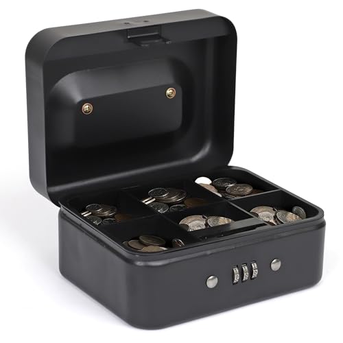 Darice Cash Lock Box - Medium Money Cash Box With Money Tray and Lock - Safety Box Money Holder - Organizer for Bills, Coins - Convenient Handle (4.75" x 6" x 3" Black) - size: Medium