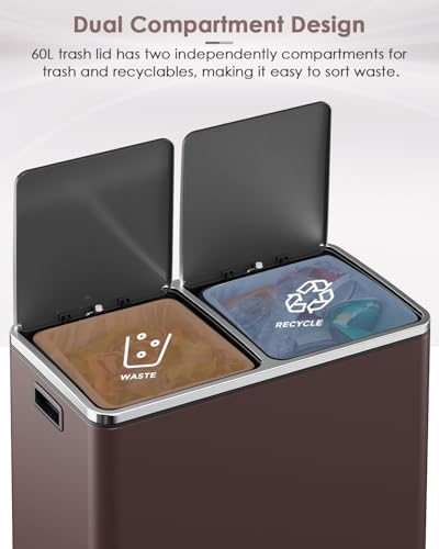 60L(16 Gal) Dual Trash Can, Stainless Steel Kitchen Garbage Can, Double Compartment Classified Rubbish Bin, Recycle Dustbin w/Plastic Inner Buckets, Handle, Soft-Close Lid, Airtight, Brown - color: Brown