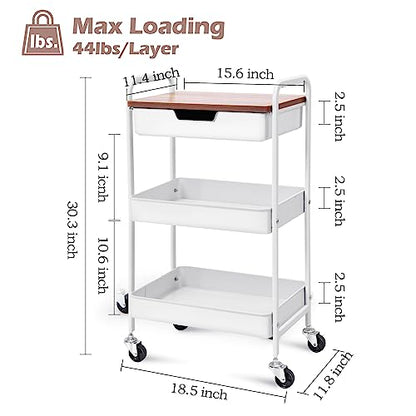 TOOLF 3 Tier Rolling Cart with Drawer, Metal Utility Storage Cart, White - color: White