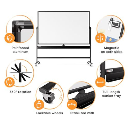 Kamelleo Rolling Whiteboard on Wheels 96" x 46", Double Sided White Board - color: Jet Black, size: 96x46