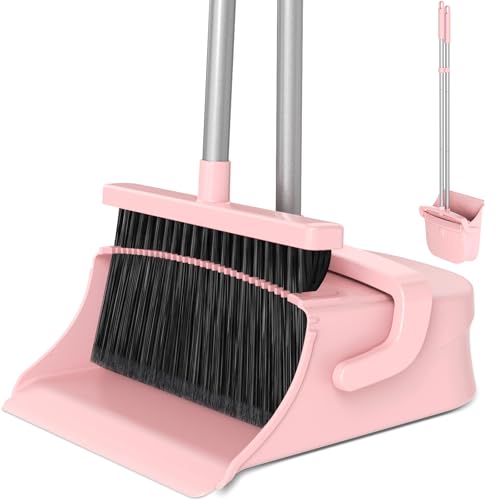 Broom with Dustpan Set for Pet Hair & Dust Cleanup, Pink - color: Pink