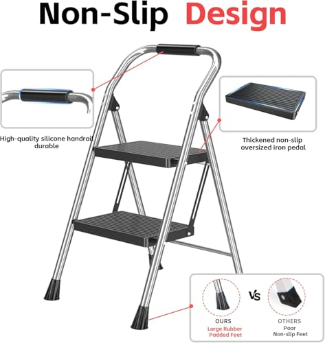 600Lbs Heavy Duty Step Ladder Foldable Folding Stool - for Home Adults Kitchen 2 Stepping Extension Tall with Handrails - Closet Stepstool Stair Ladders Extendable Stepladder for Indoor House - size: 2 Step