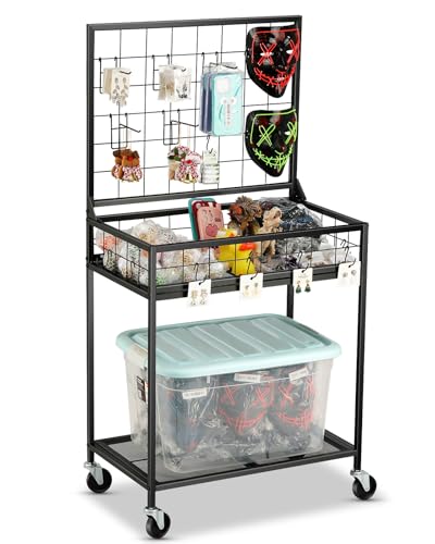 AHOWPD Grid Wall Panels Display Cart - Rolling Heavy Duty Metal Wire Grid Wall Display Stand Rack with 10 Hooks & 10 S Hooks for Craft Shows, Retail Art Fair and Flea Market (Black Cart, 1 pc) - color: Black Cart