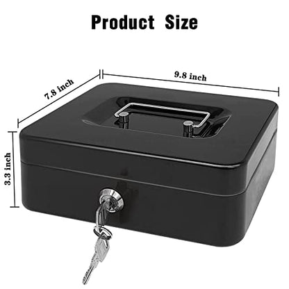 Steel Cash Box with Key Lock, Metal Small Money Organizer with Money Tray,Cash Storage Box with Lockable Cover (Black - 10 inch) - color: Black - 9.8" x 7.8" x 3.3"