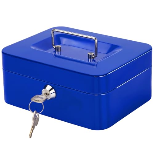 Jssmst Locking Medium Steel Cash Box with Money Tray,Lock Box,Blue - color: Blue, size: M(7.87")