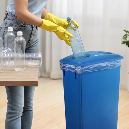PLASTIC PRINCE 23 Gallon Slim Trash Can with Recycling Lid for Bottles and Cans, Blue Commercial Rectangular Garbage Can, Waste Bin for Home Kitchen Office Cabinet - style: Blue Trash Can with Bottles Lid