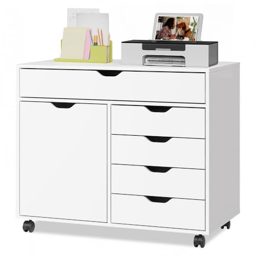 DEVAISE 5 Drawer Wood Storage Cabinet, Office Drawer Cabinet, White - color: White - 1 Large + 4 Small
