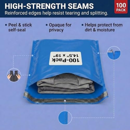 BOX USA Shipping Bags 14½ x 19 (100-Pack) Blue - Large Heavy Duty Self-Adhesive Envelope Poly Mailers for Packing - color: Blue
