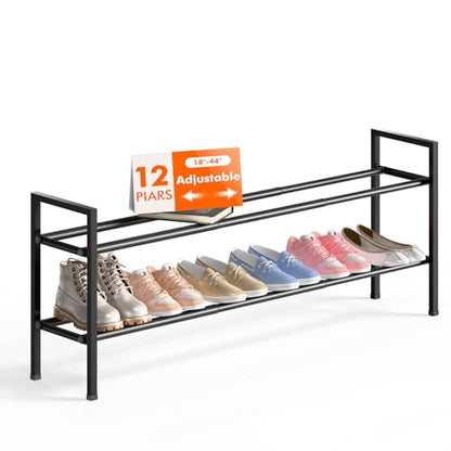 Bumusty 2 Tier Long Expandable Shoe Rack for Closet, Black - color: Black, size: 2-tier