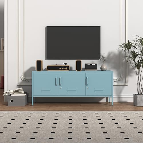 Blue 3-Door Lockable Metal TV Stand Storage Cabinet with Storage Locker, Wide Heavy-Duty Multipurpose Media Console for Large 100+ Inch TVs, Home Office Entertainment Center - color: Ocean, style: TV stand-22"H-LM