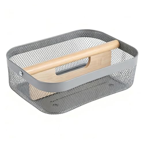 AJIODA Metal Mesh Steel Storage Basket, Garden Harvest Wire Organizer Basket Multi-functional Kitchen Fruit Basket with Wooden Removable Partition & Handle for Bathroom Picnic Decor Cabinet, Grey - color: Gray