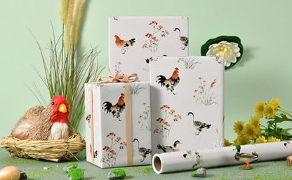 Sikiweiter Ink Painting Farm Animal Wrapping Paper Roll, 17 Inch x 16.5 Feet, Watercolor Duck and Rooster Gift Wrap with Floral Grass Design, Rustic Farmhouse Wrapping Paper for Birthday, Baby Shower, Spring Gifts(Chickens and Ducks) - color: Chickens and