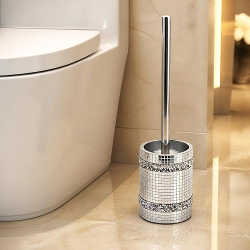 Silver Mosaic Toilet Brush Easy to Clean Household with Holder Set - size: Toilet Brushes Holders