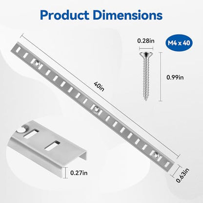 Adjustable Shelf Bracket 40 Inch 8 Pack Wall Shelf Pilaster Tracks, Stainless Steel Mortise Mount System with 32 Aluminum Alloy Shelf Clips for Closet, Cabinet & Wall Storage