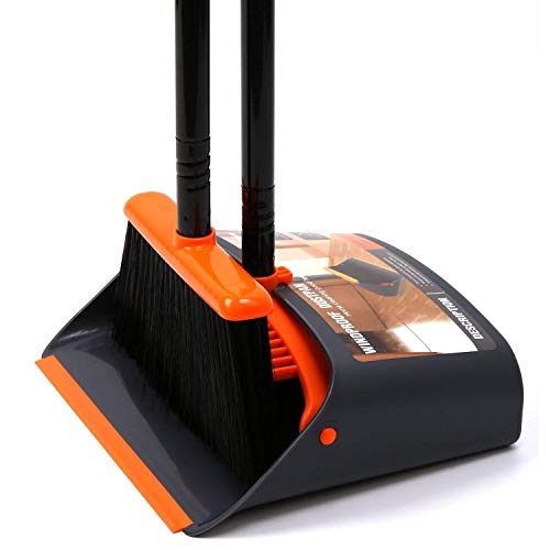 TreeLen Broom and Dustpan Set with 52" Long Handle for Home Kitchen Room Office Lobby Floor Use Upright Stand Up Stand Up Broom with Dustpan Combo - color: A Orange Broom and Dustpan