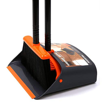 TreeLen Broom and Dustpan Set with 52" Long Handle for Home Kitchen Room Office Lobby Floor Use Upright Stand Up Stand Up Broom with Dustpan Combo - color: A Orange Broom and Dustpan