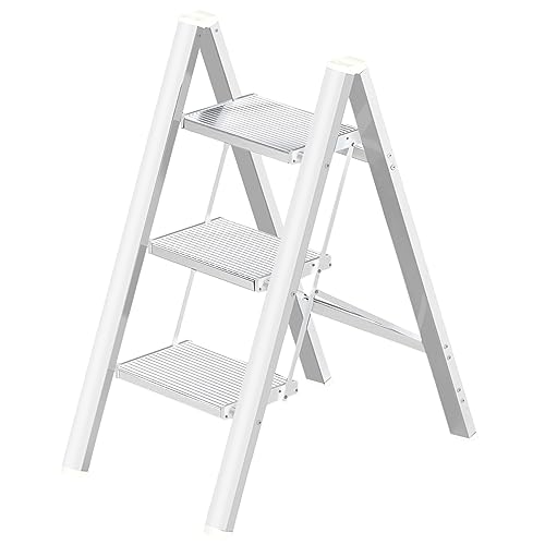HISMOCAL 3 Step Ladder, Aluminum Folding Step Stool for Closet, White - color: White New, size: 3 Step