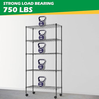BestOffice | 5-Tier Wire Shelf with Wheels | 14" x 30" x 60" | Black - color: Black, size: 14L x 30W x 60H