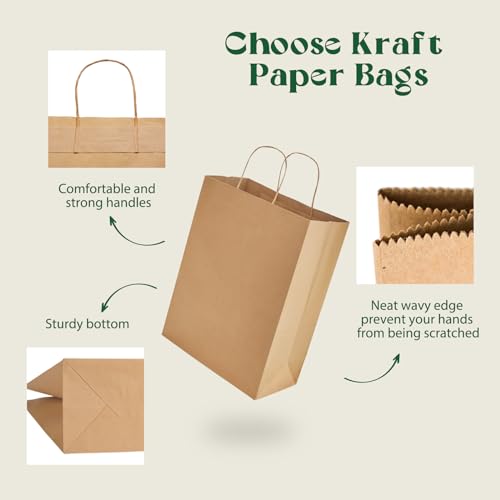 MESHA Brown Kraft Paper Bags 10x5x13 Inch 100Pcs Gift Bags with Handles - color: Brown 10x5x13 Inch, size: 1 Count (Pack of 100)