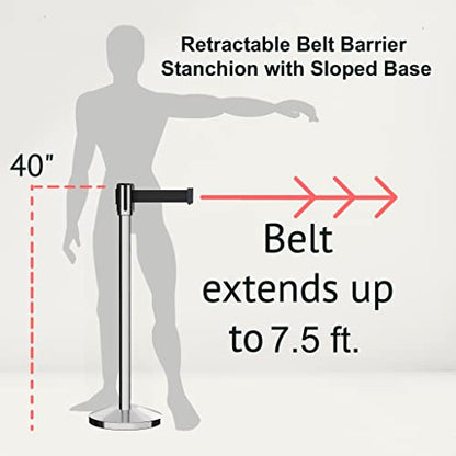 Montour Line M530 Set of 2 Retractable Belt Barrier Stanchion, Sloped Base, Polished Stainless Steel Post (7.5 ft Black with "This LINE Closed" White Letters Belt) - color: Black with "THIS LINE CLOSED" White Letters, size: 7.5 ft