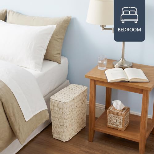 Wicker Trash Can with Lid & Liner, Small Bathroom Waste Basket, Beige - color: white
