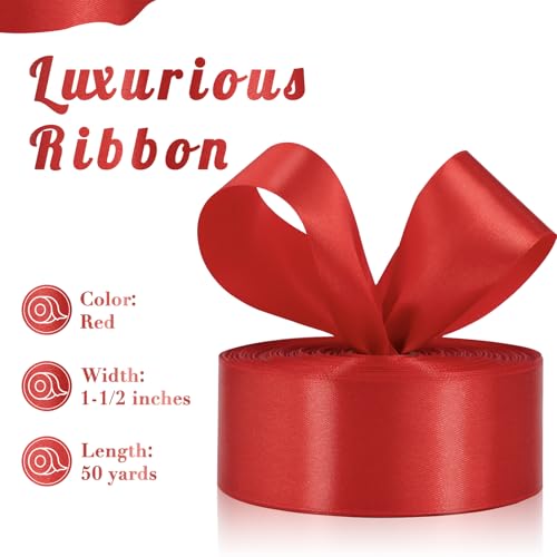 Red Ribbon 1-1/2 Inch 50 Yards, Solid Satin Ribbon for Flower Bouquet, Crafts, Gift Wrapping, Bridal Invitations, Hair, Christmas, Halloween, Valentine - color: Red