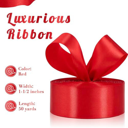 Red Ribbon 1-1/2 Inch 50 Yards, Solid Satin Ribbon for Flower Bouquet, Crafts, Gift Wrapping, Bridal Invitations, Hair, Christmas, Halloween, Valentine - color: Red