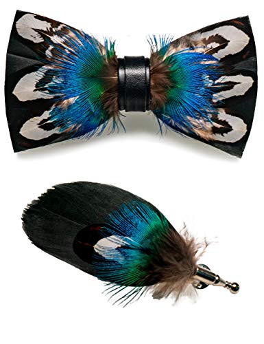 RBOCOTT Handmade Feather Pre-tied Bow tie and Brooch Sets for Men - color: Blue/White/Black