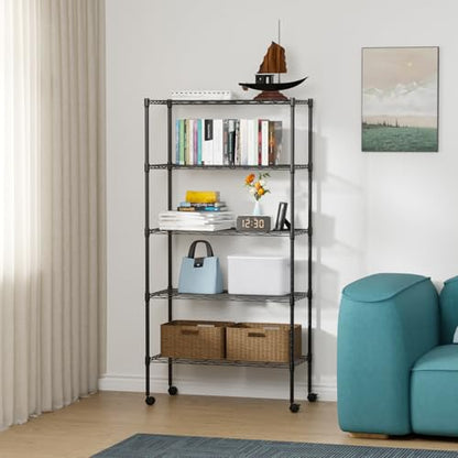 FDW | 5-Tier Wire Shelf with Wheels | 30" x 14" x 61" | Black - color: Black, size: 5-Shelf With Wheels